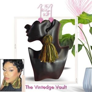 NEW Bohemian Crochet Tassel dangle army green brown striped black-owned earrings